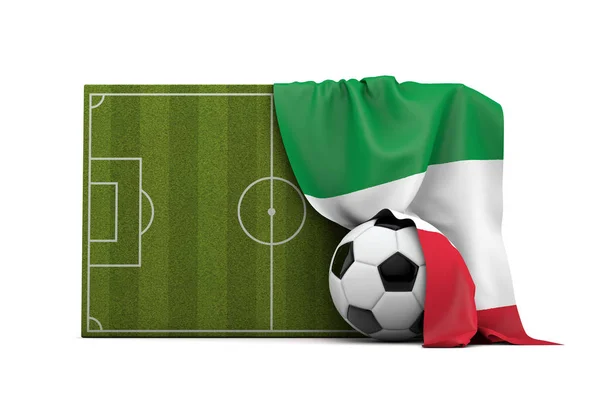 Italy country flag draped over a football soccer pitch and ball. — Stock Photo, Image