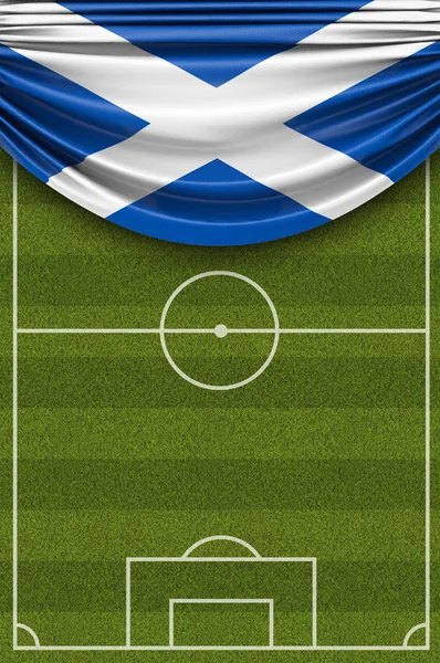 축구 경기장 위에 드리워진 스코틀랜드 국가 깃발. 3D Re — 스톡 사진