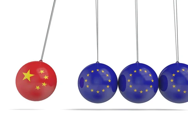 Pojem politického vztahu mezi Čínou a evropskými vlajkami. prostorové rend — Stock fotografie