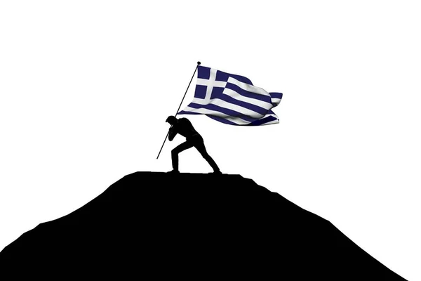 Bandera de Grecia siendo empujada a la cima de la montaña por una silueta masculina . —  Fotos de Stock