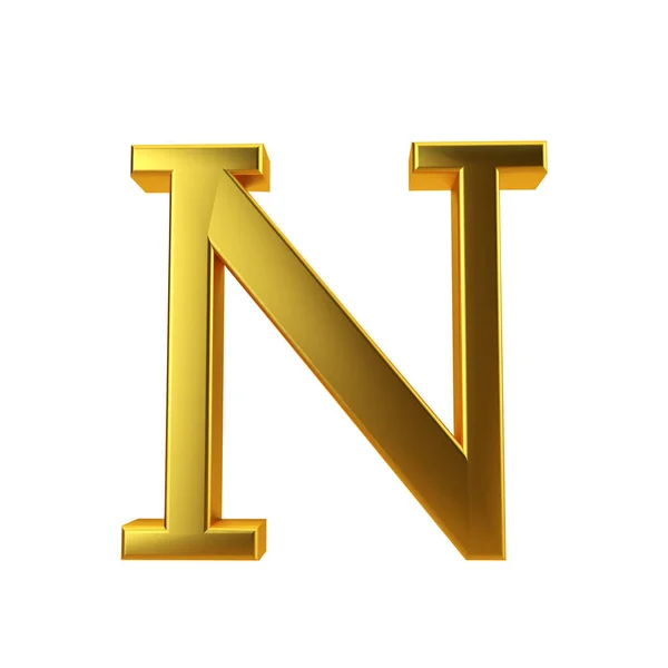 Błyszcząca złota litera N na zwykłym białym tle. Renderowanie 3D — Zdjęcie stockowe