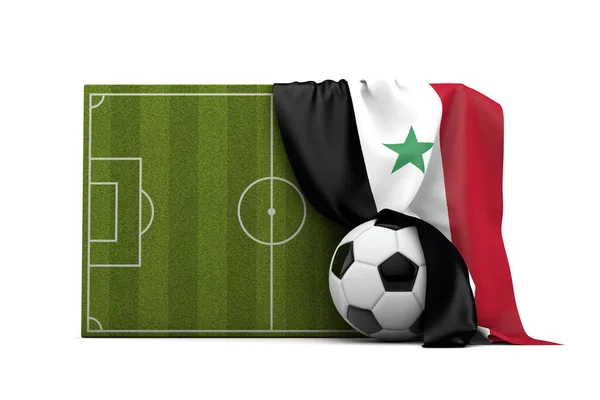 Siria bandiera di paese drappeggiato su un campo da calcio e palla . — Foto Stock