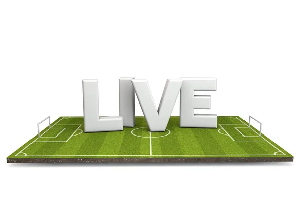 Piłka nożna, boisko do piłki nożnej z białym tekstem na żywo. Renderowanie 3D — Zdjęcie stockowe