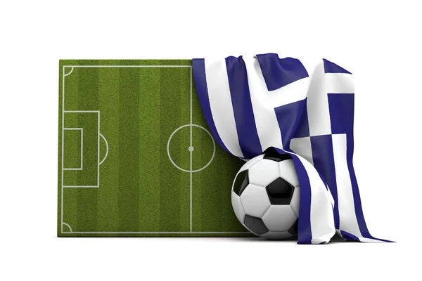 Griechische Flagge drapiert über Fußballplatz und Ball — Stockfoto