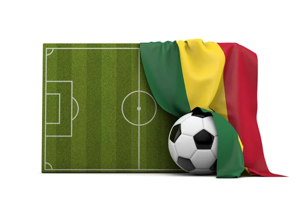 サッカーのピッチとボールの上にドレープガーナの国旗. — ストック写真