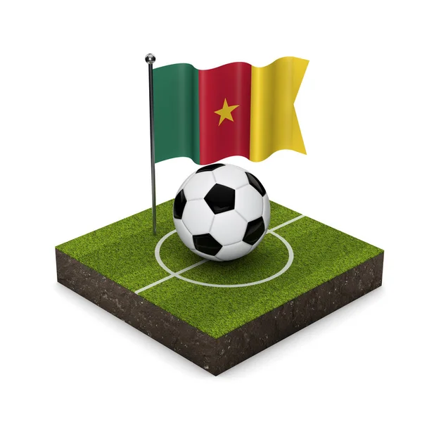 Conceito de futebol de bandeira dos Camarões. Bandeira, bola e campo de futebol isom — Fotografia de Stock
