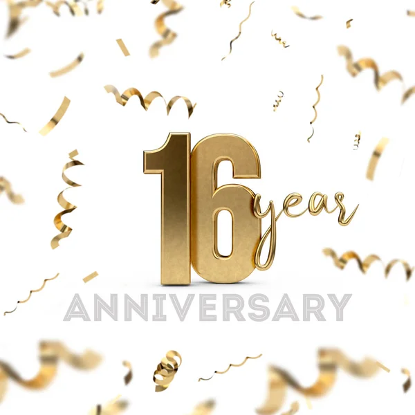 16 års jubileum firande. Guld nummer med gyllene confett — Stockfoto