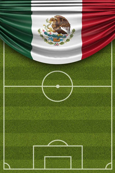 Meksika ülke bayrağı bir futbol sahası üzerine dökümlü. 3d Rend — Stok fotoğraf
