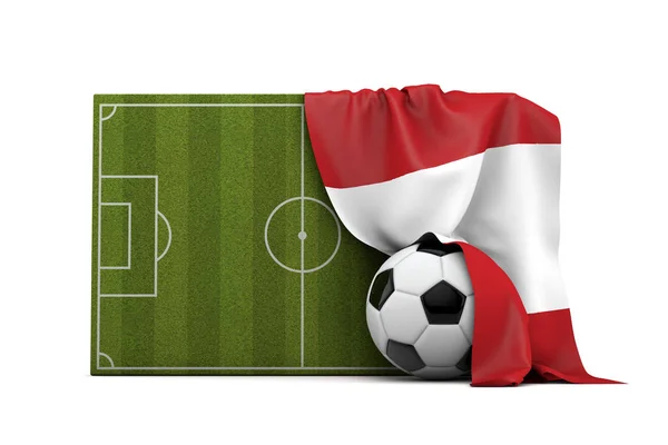 Vlajka peruánské země přehozená přes fotbalové fotbalové hřiště a míč. — Stock fotografie