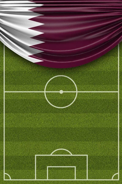 Bandera del país de Qatar envuelta sobre un campo de fútbol. 3D Rende —  Fotos de Stock