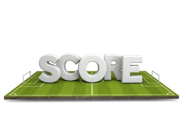 Piłka nożna, boisko piłkarskie z białym tekstem punktacji. Renderowanie 3D — Zdjęcie stockowe