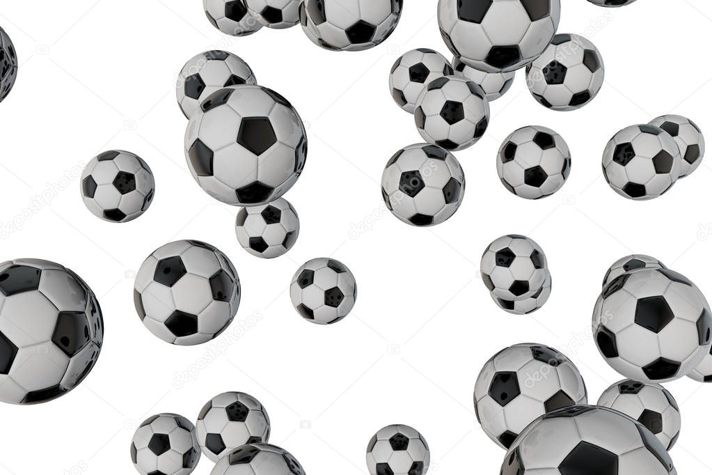 Falling football soccer balls on a plain white background. 3D Re