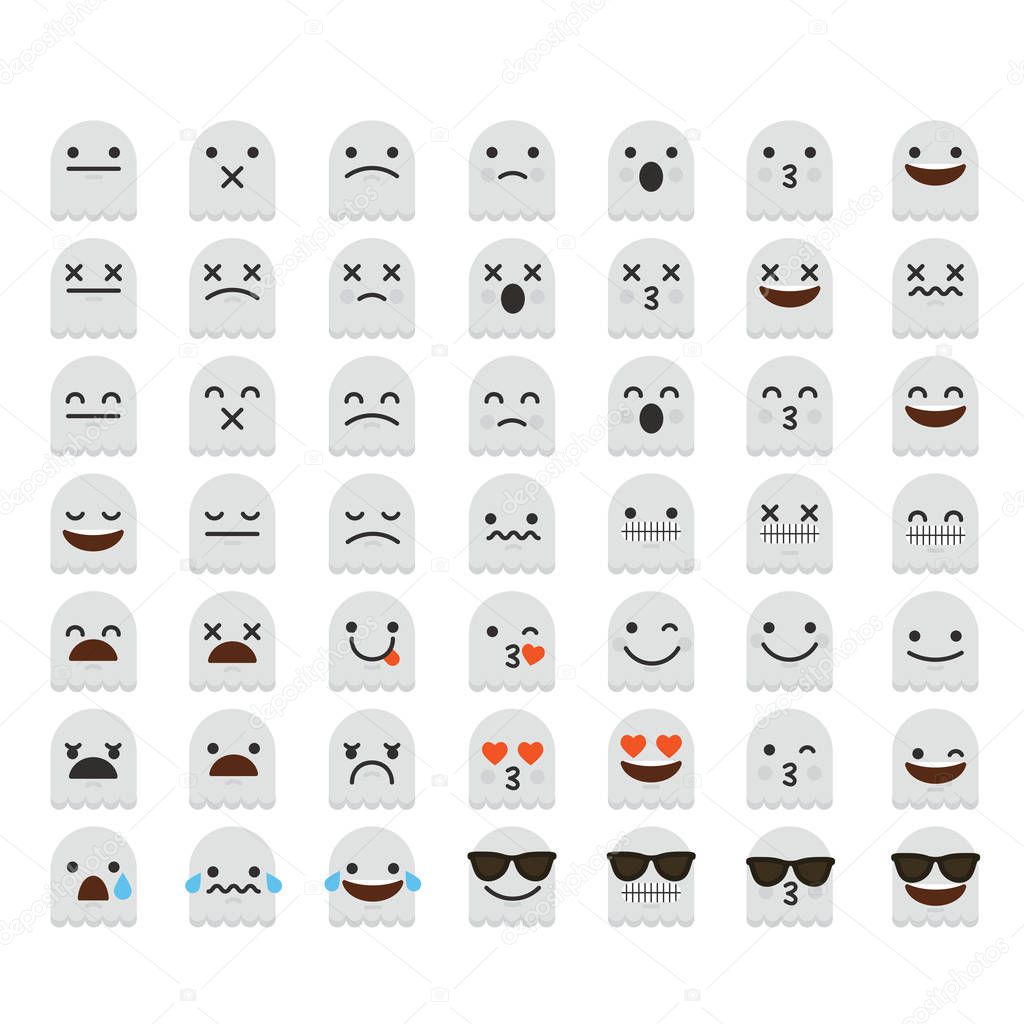 Set of emoji ghost halloween emoticon character faces.  