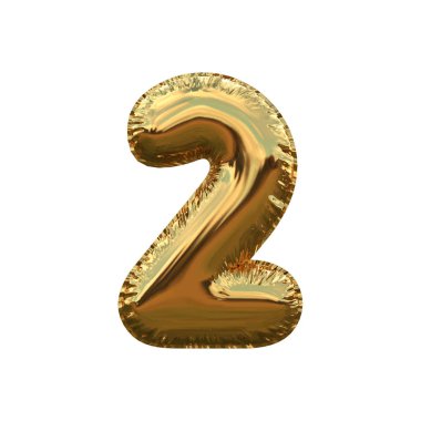 2 numaralı metalik altın yaldızlı folyo parti balonu beyaz arka planda. 3d oluşturma