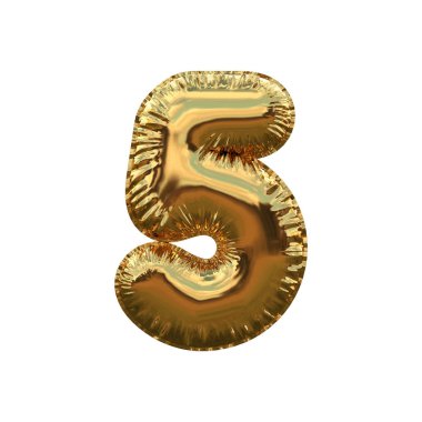 5 numaralı metalik altın yaldızlı folyo parti balonu beyaz arka planda. 3d oluşturma