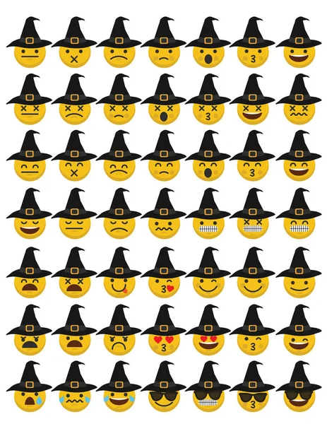 Ensemble Emoji Halloween Sorcière Émoticône Personnages Visages — Image vectorielle