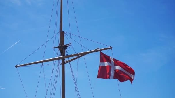 Denmark Flag Ship Mast Waving Clear Blue Sky — Stock Video