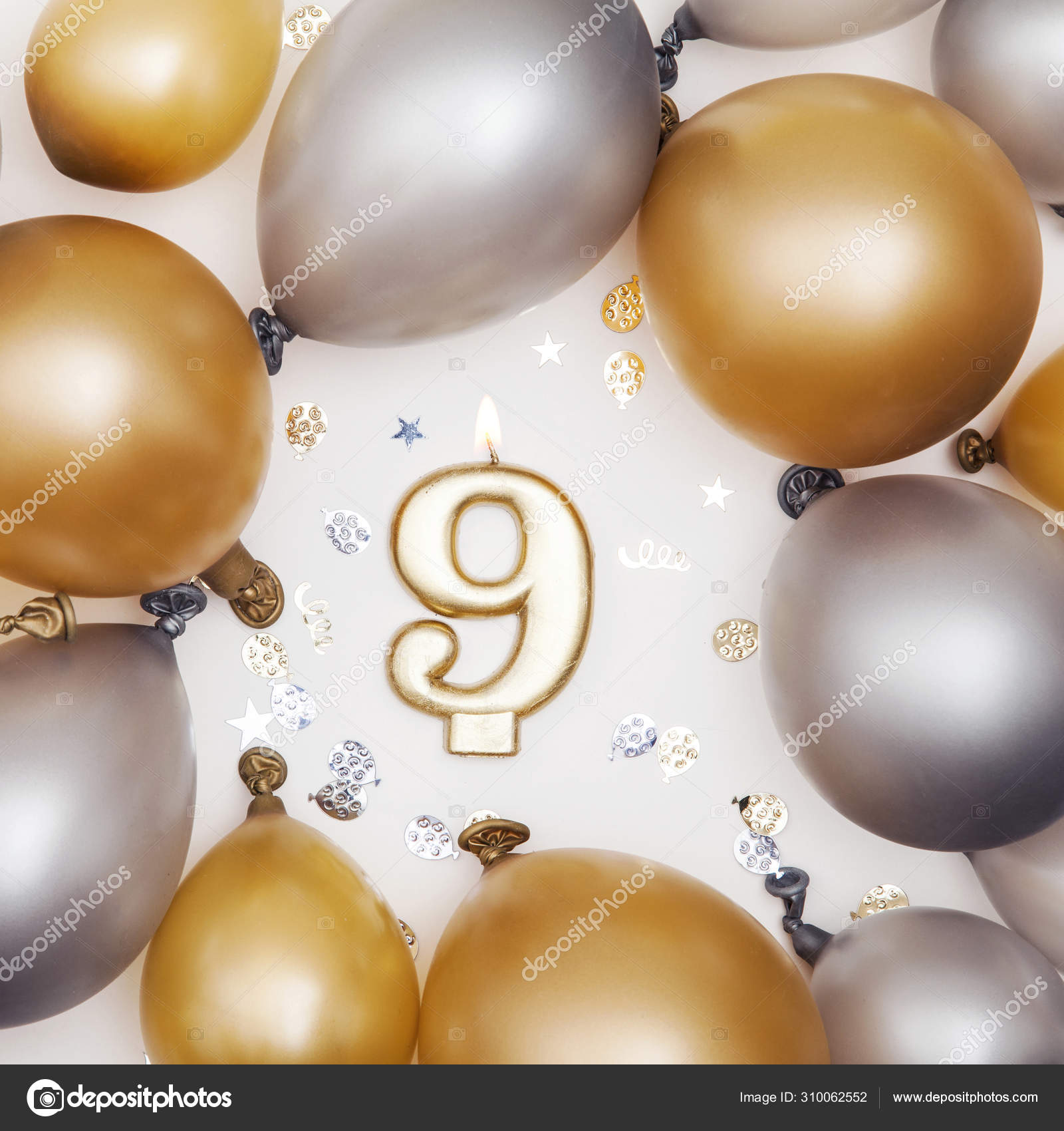 Geburtstagsfeier Nummer 9 Kerze Mit Goldenem Und Silbernem Ballon Stockfotografie Lizenzfreie Fotos C Inkdropcreative Depositphotos