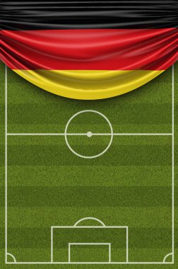 Almanya ülke bayrağı bir futbol sahası üzerine dökümlü. 3d Ren