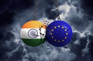 Hindistan bayrağı ve Avrupa Birliği siyasi topları her ot içine şut