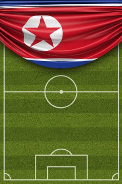 Kuzey Kore ülke bayrağı bir futbol sahası üzerine dökümlü. 3d