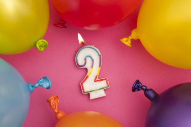Renkli balon ile Happy Birthday sayısı 2 kutlama mum
