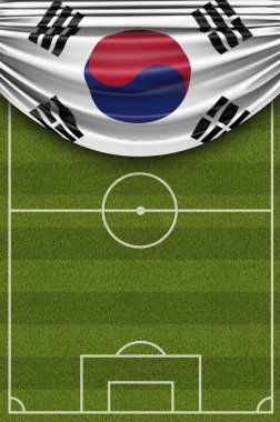 Güney Kore ülke bayrağı bir futbol sahası üzerine dökümlü. 3d