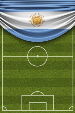 Arjantin ülke bayrağı bir futbol sahası üzerine dökümlü. 3d R