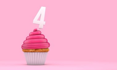 4 numara pembe doğum günü kutlaması keki. 3d Rendering