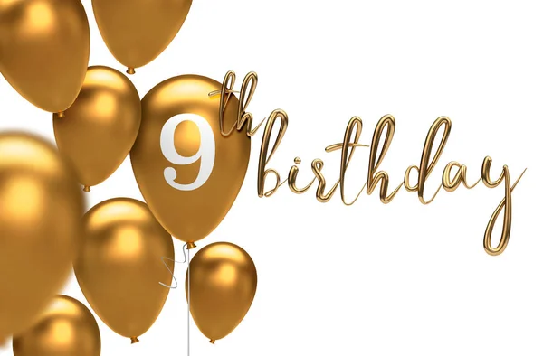 Gouden gelukkig 9e verjaardag ballon groet achtergrond. 3D Renderin — Stockfoto