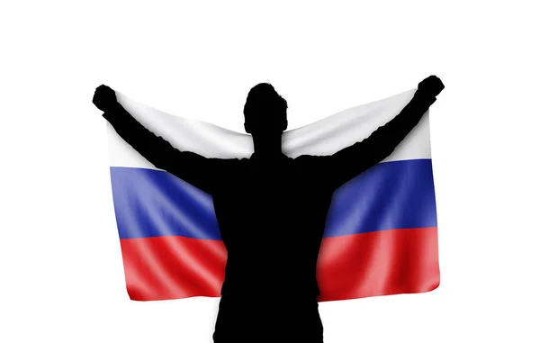 Silhouette masculine tenant le drapeau national de la Russie. Rendu 3D — Photo