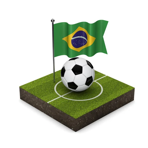 Brazil flag football concept. Flag, ball and soccer pitch isomet — Stock Photo, Image