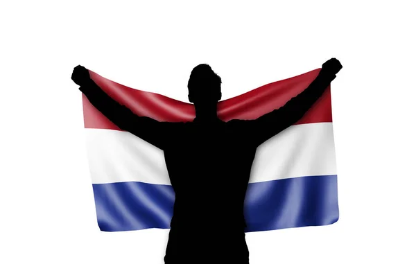 Ανδρική σιλουέτα που κατέχει ολλανδική εθνική σημαία. Απόδοση 3D — Φωτογραφία Αρχείου