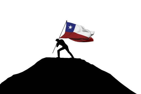 Bandera de Chile siendo empujada a la cima de la montaña por una silueta masculina . —  Fotos de Stock