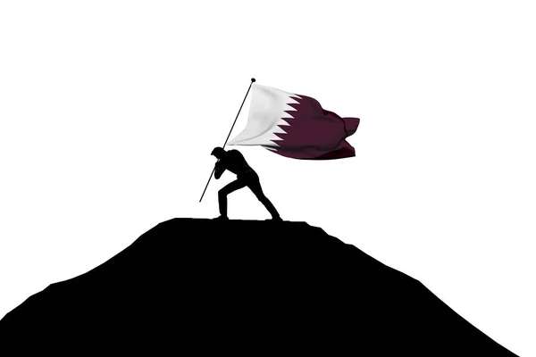 Katar zászló tolnak hegycsúcsra egy férfi sziluett. — Stock Fotó