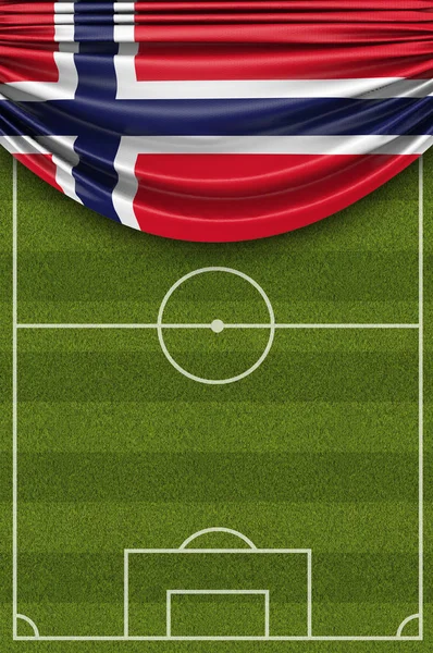 Norway country flag draped over a football soccer pitch. 3D Rend — Stock Photo, Image