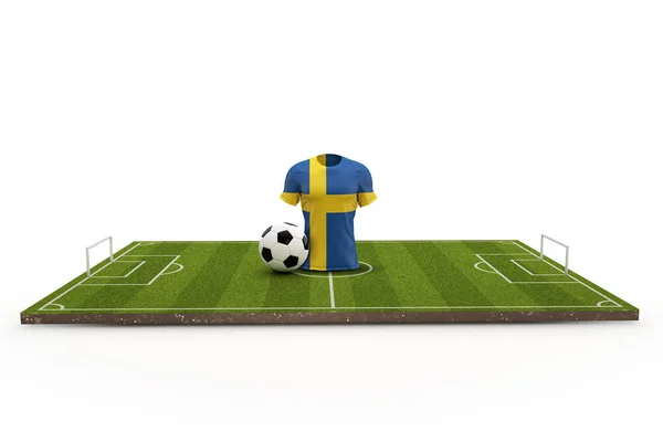 Zweden voetbalshirt nationale vlag op een voetbalveld. 3D renderen — Stockfoto
