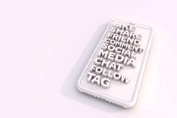 Smartphone con palabras clave de redes sociales. Renderizado 3D — Foto de Stock