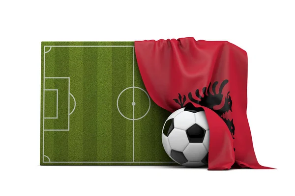 Albania country flag draped over a football soccer pitch and bal — Stock Photo, Image