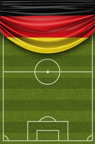 Germany country flag draped over a football soccer pitch. 3D Ren — Stock Photo, Image