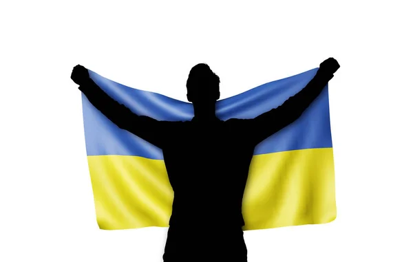 Silhouette masculine tenant le drapeau national de l'Ukraine. Rendu 3D — Photo