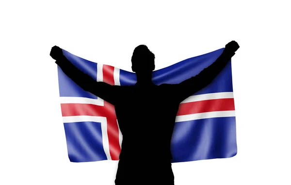 Male silhouette holding Iceland national flag. 3D Rendering — Stock Photo, Image