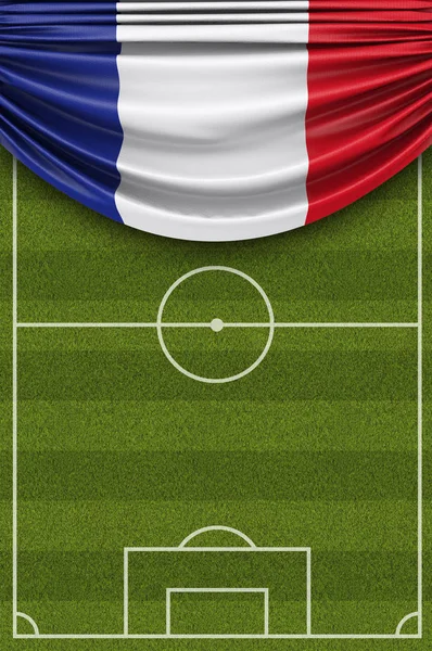 サッカーのピッチの上にドレープフランスの国旗。3d レンド — ストック写真