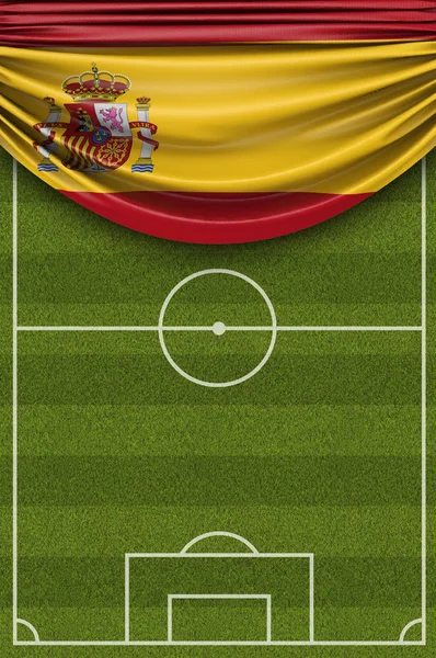 İspanya ülke bayrağı bir futbol sahası üzerine dökümlü. 3d Rende — Stok fotoğraf