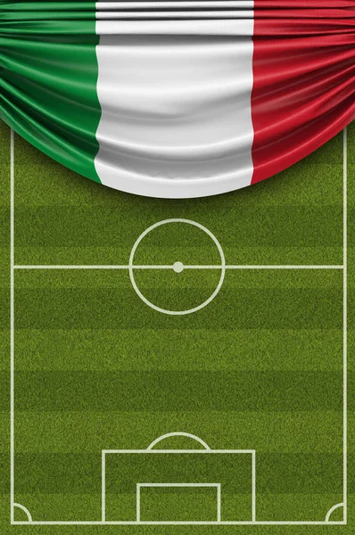 Vlajka země Itálie přehozená přes fotbalové fotbalové hřiště. prostorový Rende — Stock fotografie