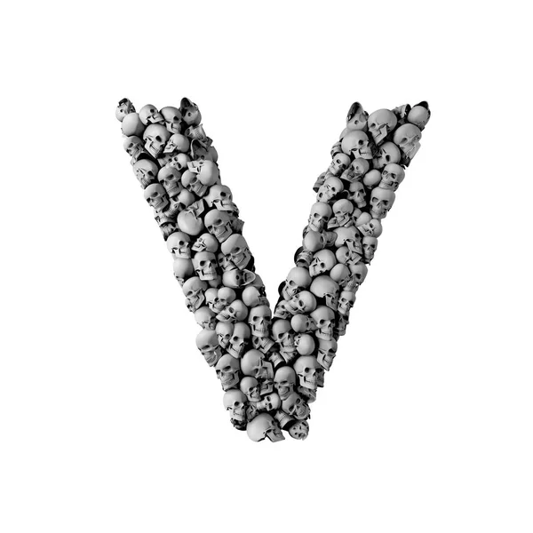 Czcionka czaszka litera V. list wykonany z wielu czaszek. 3D Renderi — Zdjęcie stockowe