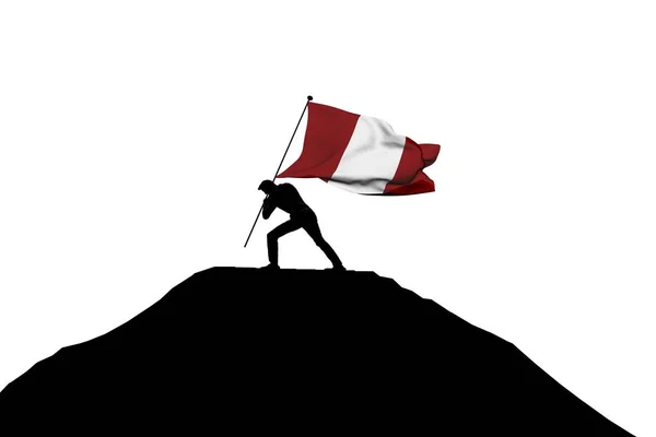 Peru bayrağı bir erkek silueti tarafından dağın tepesine itiliyor. 3 — Stok fotoğraf