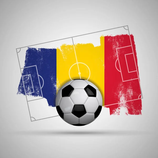 Romania flag soccer background with grunge flag, football pitch