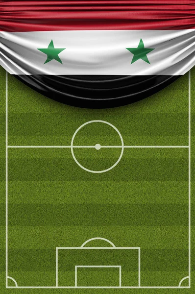 Syrien country flag drapiert über einem fußballfeld. 3d rende — Stockfoto