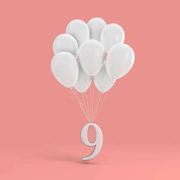 Number 9 party celebration. Number attached to a bunch of white — Stock Photo, Image